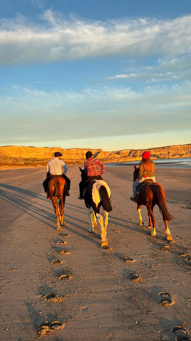 Jinetes a caballo sobre la arena húmeda de la playa del Molino Chico