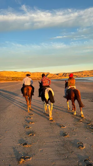 Jinetes a caballo sobre la arena húmeda de la playa del Molino Chico