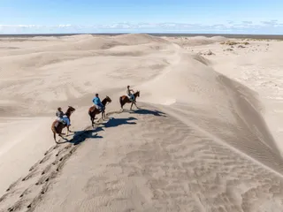 Vista aérea de jinetes en fila sobre la cresta de un médano