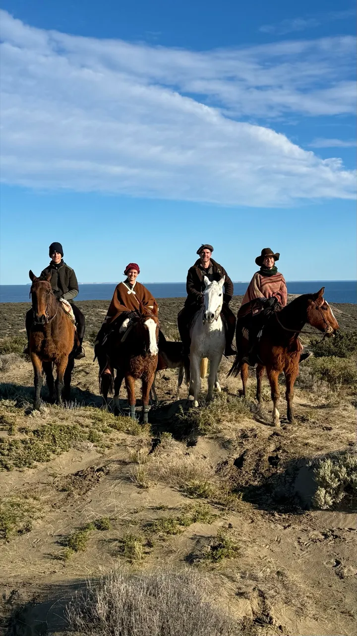 Cuatro jinetes posando sobre los acantilados con el mar al fondo